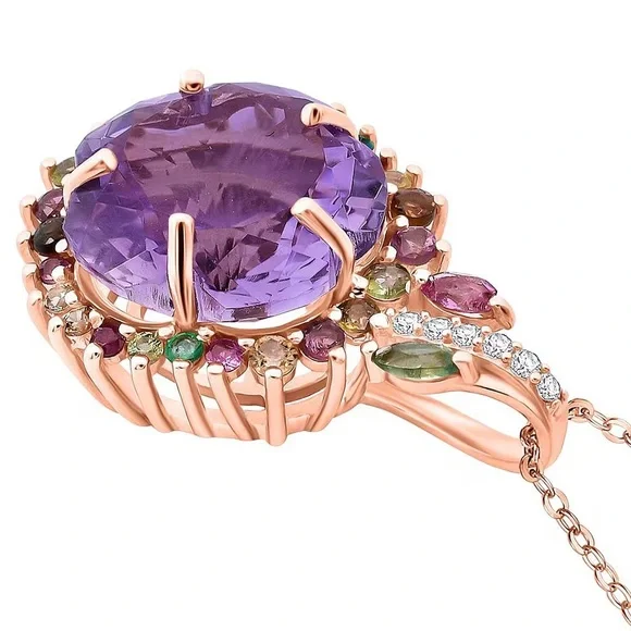 Amethyst & Tourmaline 14.85 ctw Necklace In Rose Gold Over Sterling Silver